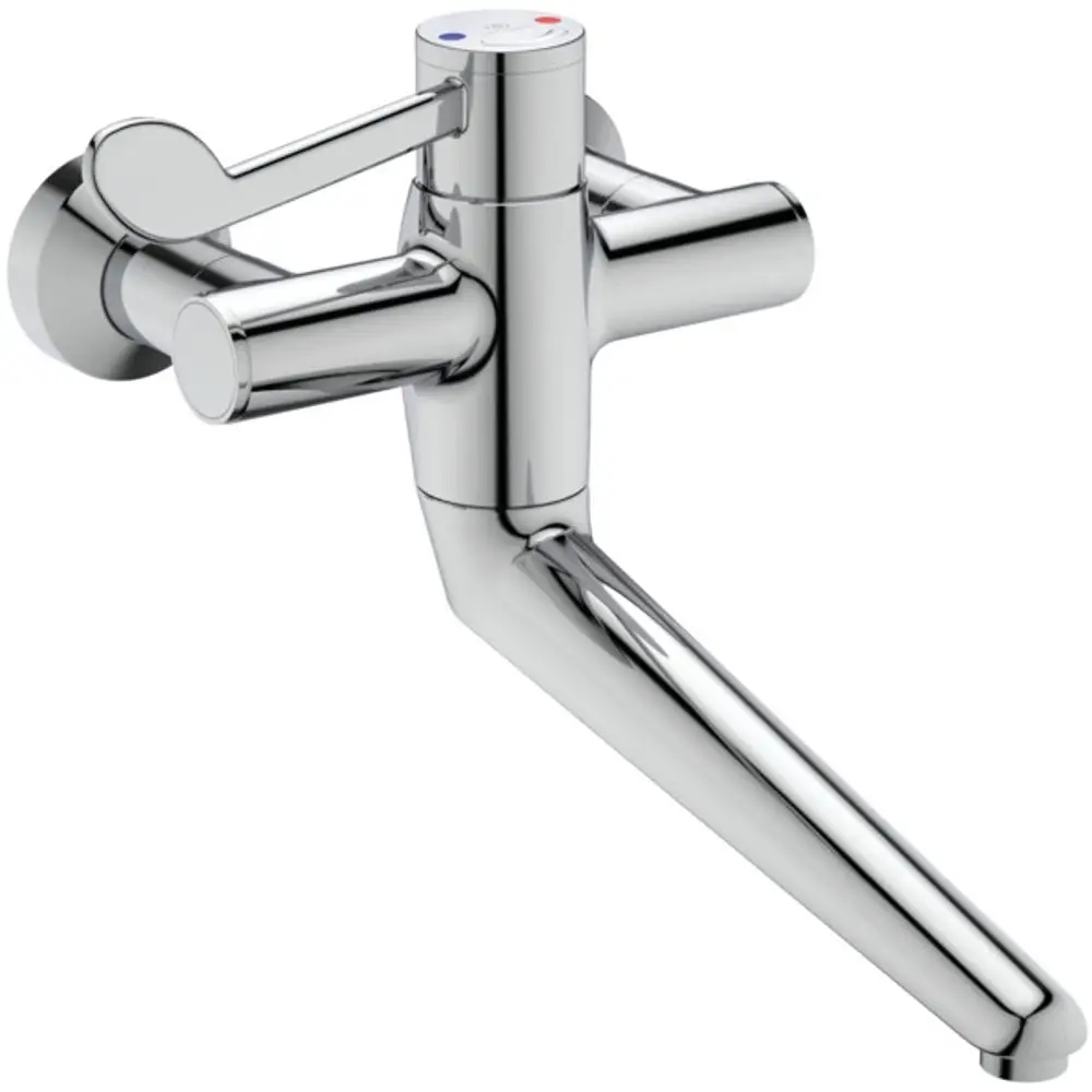 Wandthermostat in Chrom von Ideal Standard mit ergonomischem Bedienhebel und zwei Auslässen für Wasseranschlüsse, geeignet für moderne Badezimmer.